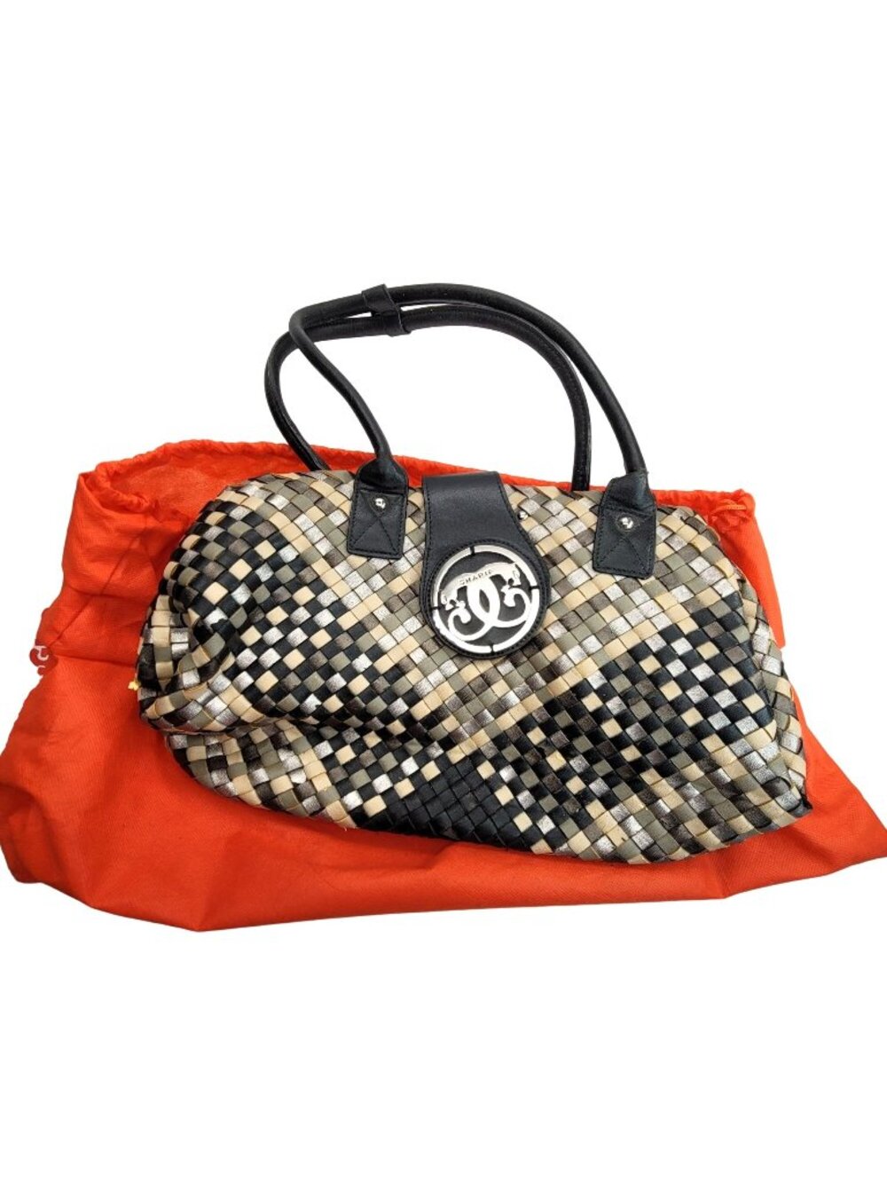 Sharif Satchel Handbag Woven Handbag Purse with Wear Black Grey Cream DH480